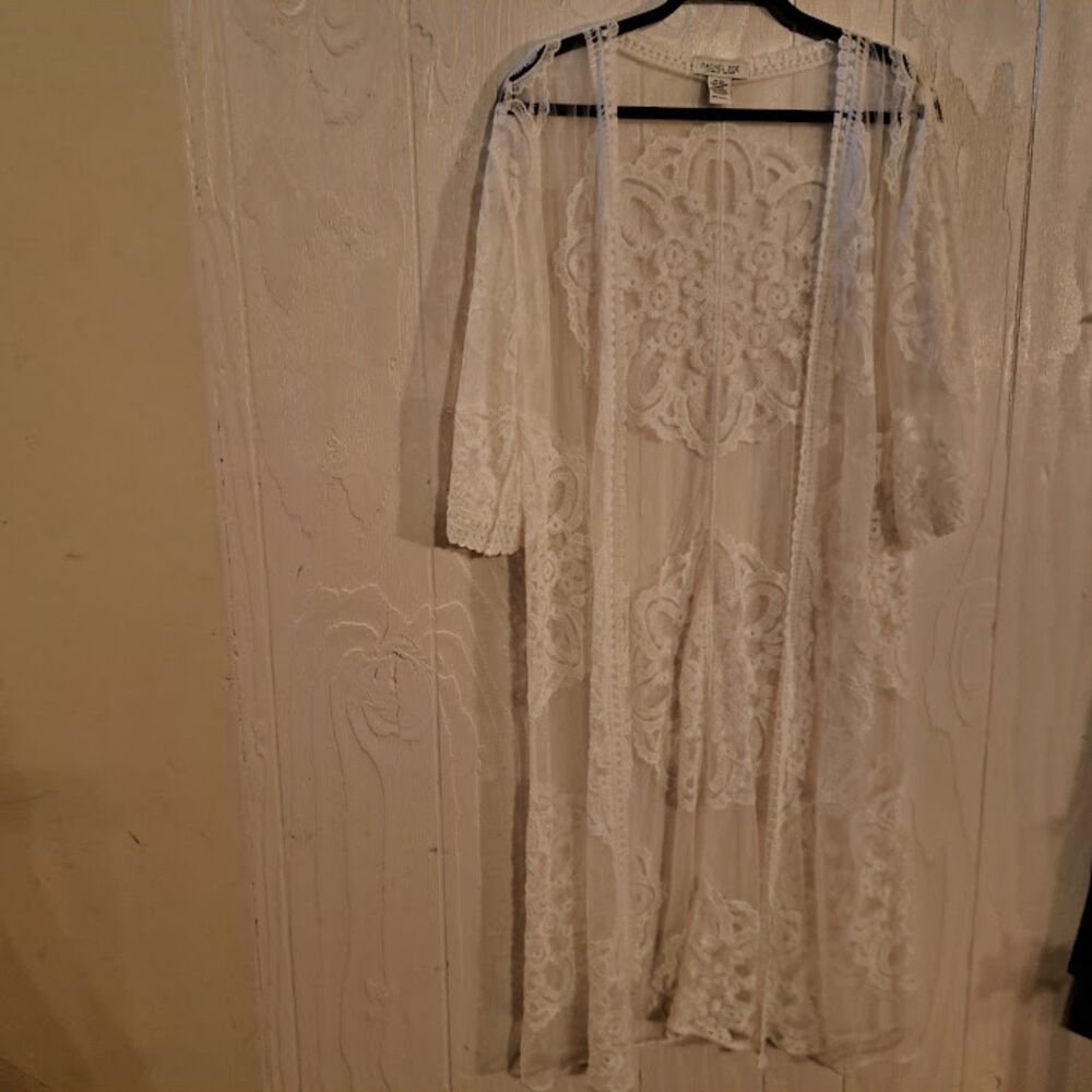 Rachel Zoe Boho Lace Duster Cardigan Sheer Floral Mesh Kimono White Plus 2X